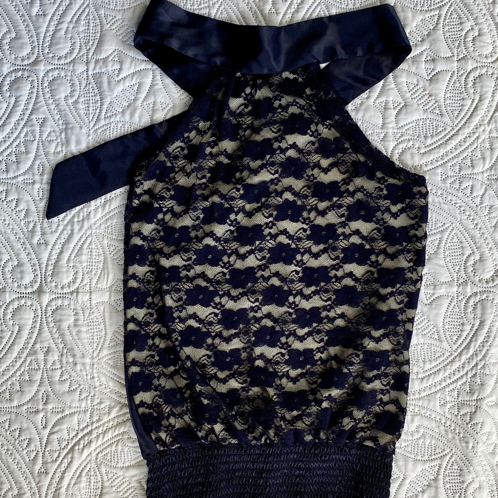 Sexy Black/Nude Lace Halter Top, Silky Polyester Dress Top. Bongo, Sz S